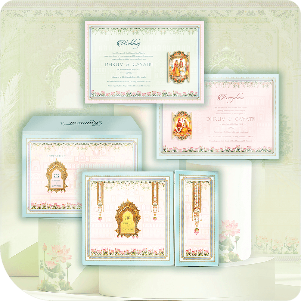 A Mahal-themed wedding invitation with acrylic glass, intricate golden details, and a Mughal-inspired royal touch.