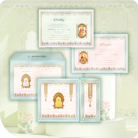 A Mahal-themed wedding invitation with acrylic glass, intricate golden details, and a Mughal-inspired royal touch.