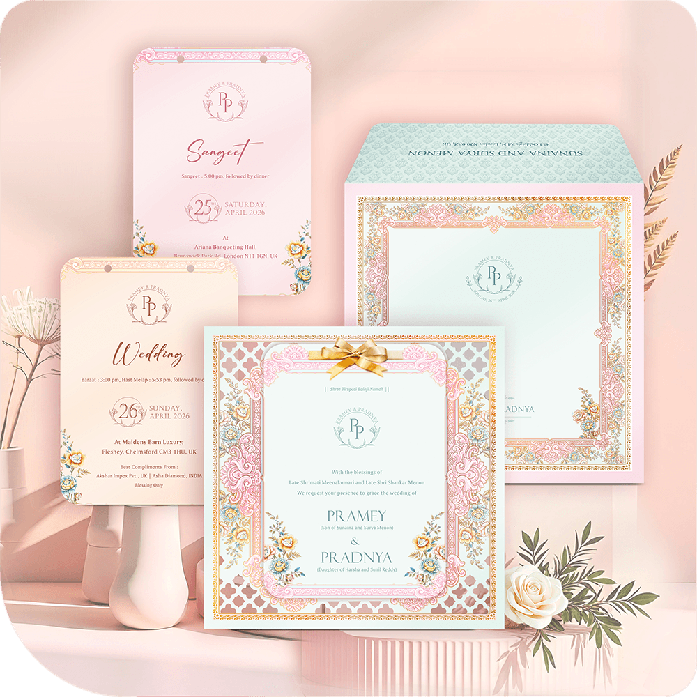 Luxury MDF wedding suite in pastel mint and blush, crowned with a satin gold bow and a bespoke laser-cut floral border.