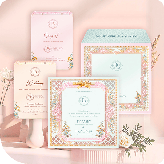 Luxury MDF wedding suite in pastel mint and blush, crowned with a satin gold bow and a bespoke laser-cut floral border.