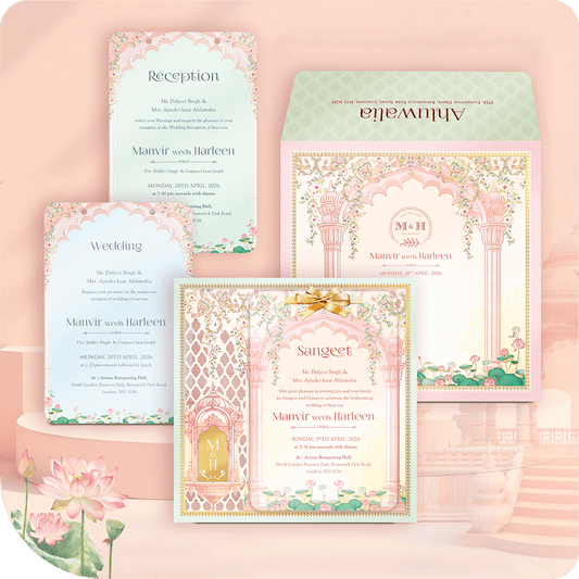 Luxury royal palace theme MDF wedding invitation card, featuring pink arches, lotus floral designs, and custom printing for Sangeet and Reception events