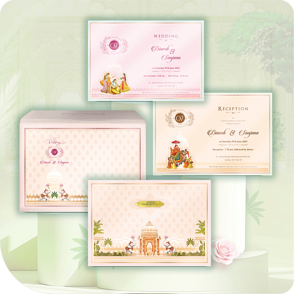 A set of Shahi Baraat theme wedding invitations with acrylic glass centerpieces and gold-embossed details, displayed with an envelope.