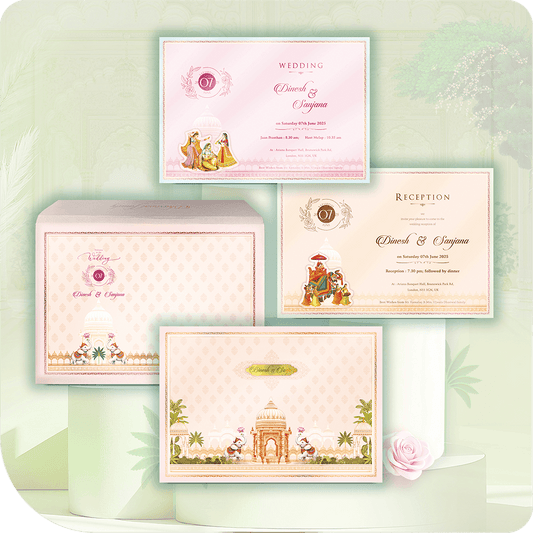 A set of Shahi Baraat theme wedding invitations with acrylic glass centerpieces and gold-embossed details, displayed with an envelope.
