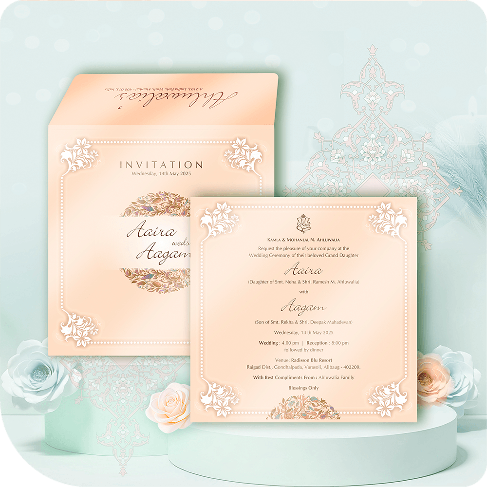 A classic and elegant Indian wedding card, featuring pastel peach hues, intricate details, and a structured layout, perfect for a grand traditional Shaadi invitation.