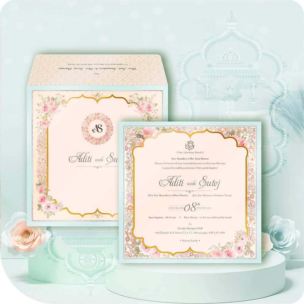 Shubh Mangal floral wedding invitation with pastel hues, delicate gold accents, and a graceful design.