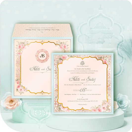 Shubh Mangal floral wedding invitation with pastel hues, delicate gold accents, and a graceful design.