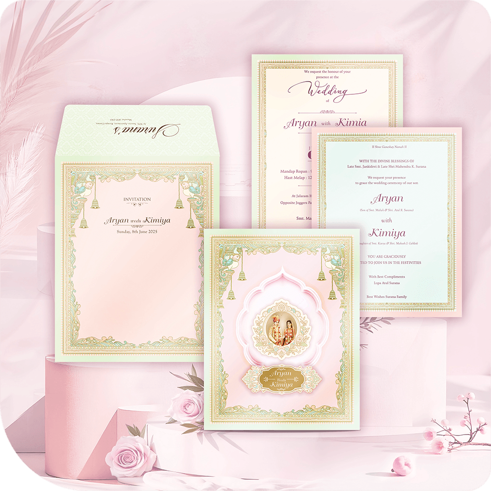 Premium imported paper wedding invitation, central 3D pasteup couple's image, acrylic nameplate, traditional hanging bells motif, luxurious two-leaflet South Asian wedding card suite.