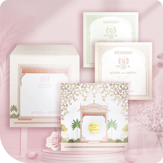 A grand wedding invitation featuring an acrylic centerpiece, radiating tradition and sophistication