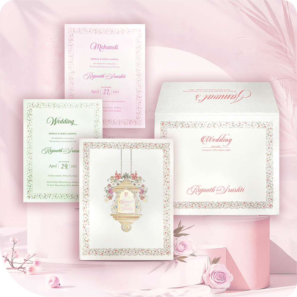 A timeless wedding invitation adorned with a stunning chandelier design, enriched by a luxurious acrylic centerpiece and delicate floral accents. 