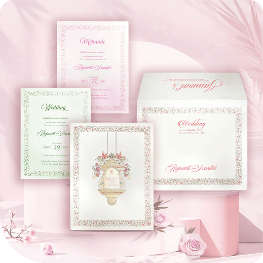 A timeless wedding invitation adorned with a stunning chandelier design, enriched by a luxurious acrylic centerpiece and delicate floral accents. 