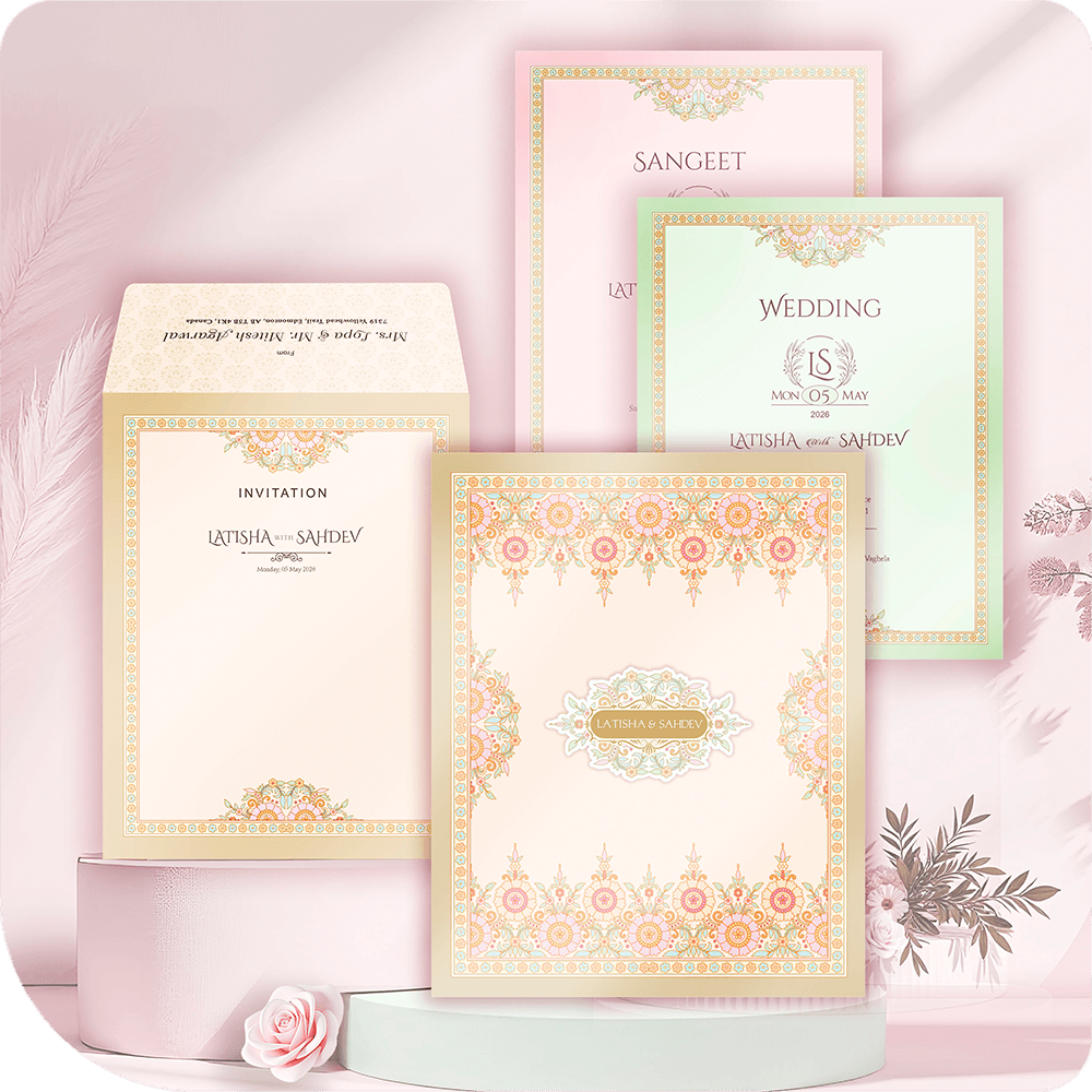 Premium imported paper wedding invitation, golden acrylic mirror, elaborate stylized floral border, two-leaflet luxury South Asian wedding card suite, auspicious design, luxe stationery.