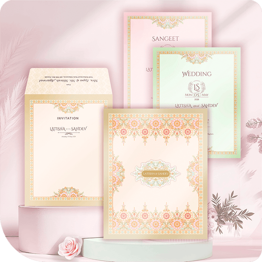 Premium imported paper wedding invitation, golden acrylic mirror, elaborate stylized floral border, two-leaflet luxury South Asian wedding card suite, auspicious design, luxe stationery.
