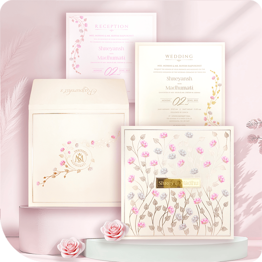 A full-floral wedding invitation with an acrylic glass centerpiece, exuding charm and sophistication.