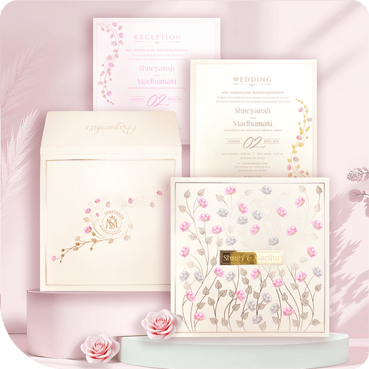 A full-floral wedding invitation with an acrylic glass centerpiece, exuding charm and sophistication.