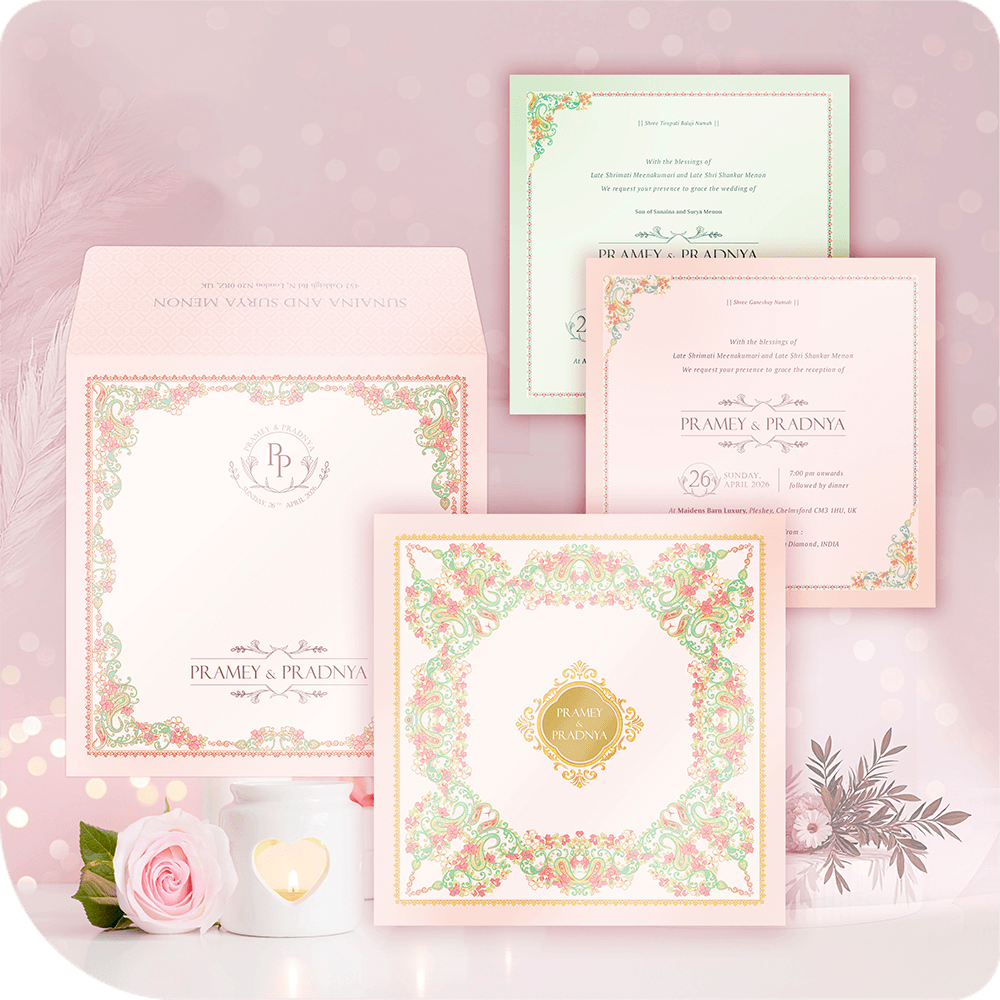 Premium imported paper wedding invitation, golden acrylic mirror nameplate, symmetrical paisley pattern, pastel palette, two-leaflet luxury South Asian wedding card suite.