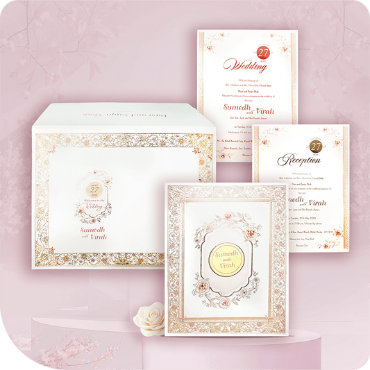 This elegant wedding invitation offers sophisticated refinement with a unique timeless glow. Featuring a premium design and high-quality materials, it's the ideal choice for a luxury wedding celebration. The perfect classic wedding card to set a truly opulent tone.