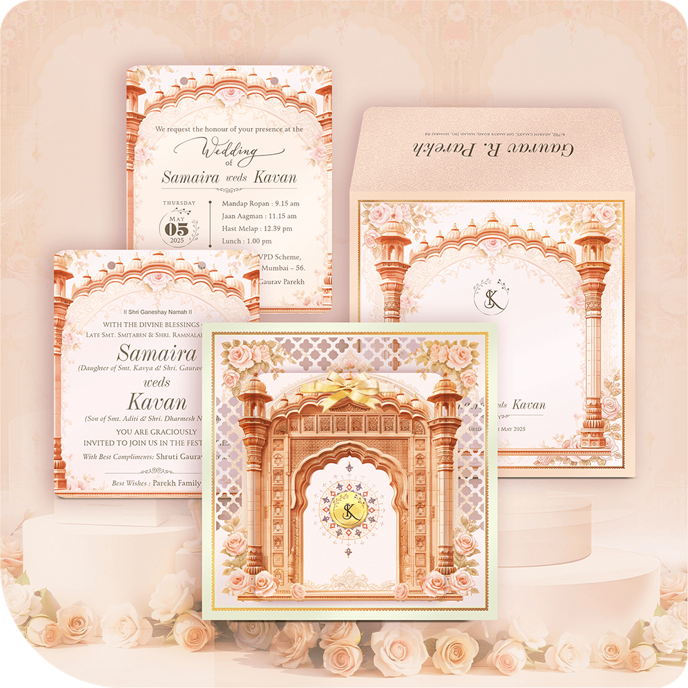 Luxury MDF wedding invitation suite with ornate gold mandap archway, blush floral border, and traditional Indian ceremony details.