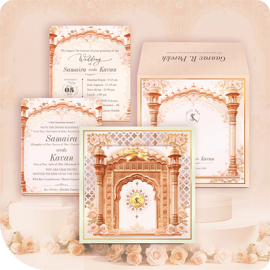 Luxury MDF wedding invitation suite with ornate gold mandap archway, blush floral border, and traditional Indian ceremony details.