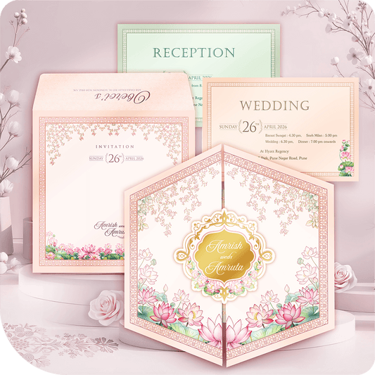 Premium imported paper wedding invitation with water lily floral motif, featuring a central golden acrylic mirror accent, trending luxury stationery design.
