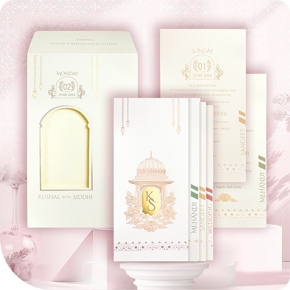 A wedding card with a window-style opening and acrylic centerpiece, symbolizing the start of a beautiful journey.