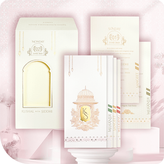A wedding card with a window-style opening and acrylic centerpiece, symbolizing the start of a beautiful journey.